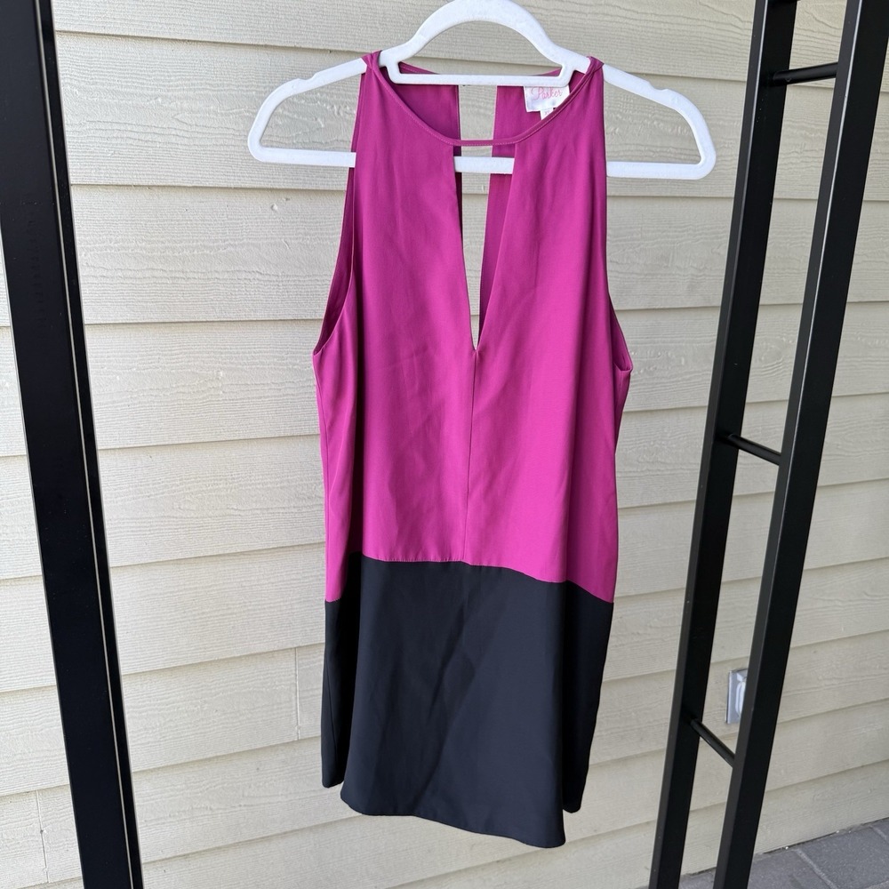 Parker 100% Silk Colorblock Mini Dress Women's XSmall Pink Black Night Out Chic - Picture 2 of 8